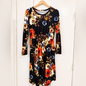 Reborn J Floral Long Sleeve Midi Dress | Black Multi Floral | Size Large
